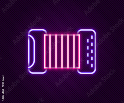 Glowing neon line Musical instrument accordion icon isolated on black background. Classical bayan, harmonic. Colorful outline concept. Vector