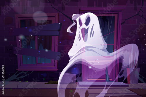 Spooky ghost at haunted house facade with boarded up windows and broken walls. Cartoon Halloween character floating at night street with broken building. Funny yelling spook, Vector illustration