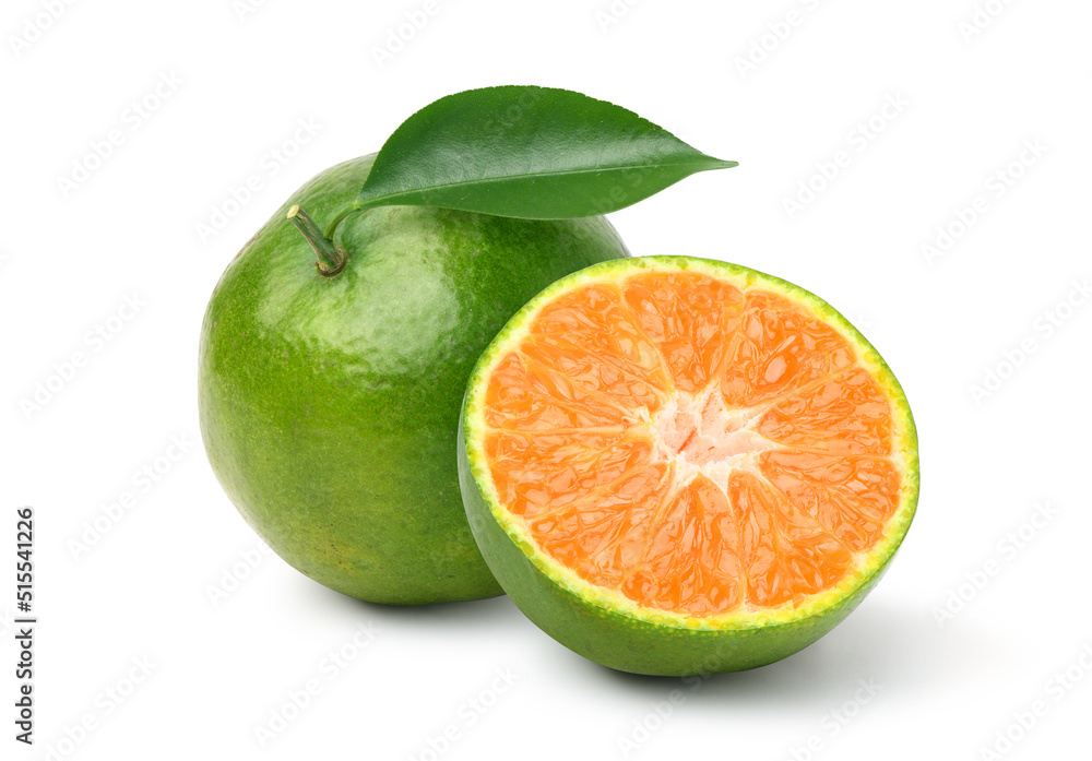 Tangerine orange with cut in half isolated on white background. Clipping path. Tangerine orange with cut in half isolated on white background. Clipping path.