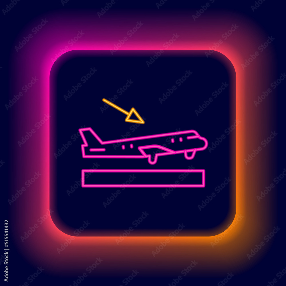 Glowing neon line Plane landing icon isolated on black background. Airplane transport symbol. Colorful outline concept. Vector
