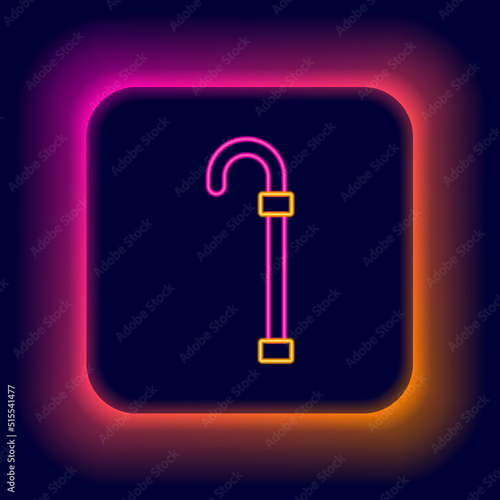 Glowing neon line Walking stick cane icon isolated on black background. Colorful outline concept. Vector Glowing neon line Walking stick cane icon isolated on black background. Colorful outline concept. Vector