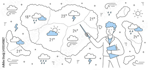 Meteorological report, weather forecast doodle concept. Tv presenter male character stand at screen with meteorology map. Anchorman presenting monitor with information, line art vector illustration