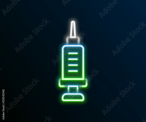 Glowing neon line Addiction to the drug icon isolated on black background. Heroin, narcotic, addiction, illegal. Sick junkie with a syringe and medical pills. Colorful outline concept. Vector