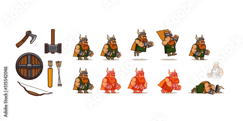 Game weapon icons and viking character jump and die cycle sequence. Vector cartoon set of shield, bow, arrows, axe and hammer. Animation sprite sheet of man warrior motion