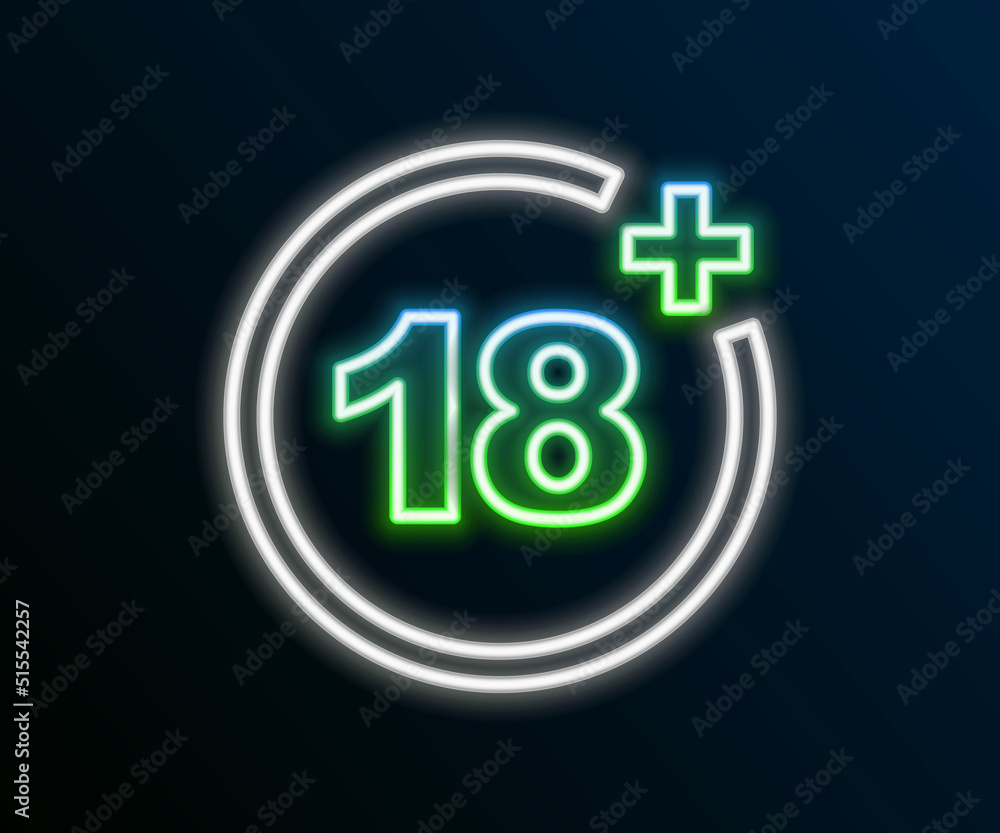 Glowing neon line Plus 18 movie icon isolated on black background. Adult content. Under 18 years sign. Colorful outline concept. Vector Glowing neon line Plus 18 movie icon isolated on black background. Adult content. Under 18 years sign. Colorful outline concept. Vector