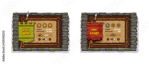 Game win and lose banners with stone brick frame and wooden board. Vector cartoon set of game ui elements in medieval style, score banners with pennants and spear