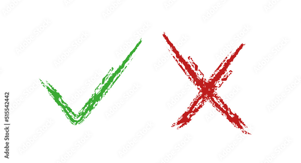 Check mark green and red hand-drawn line icons. Pros and cons, yes or ...