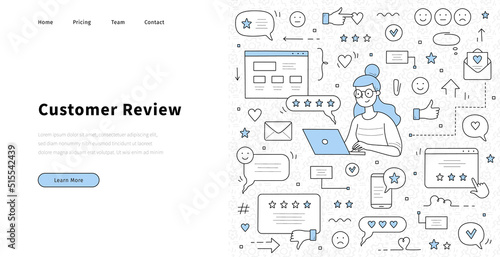Customer review and rating doodle landing page. Female user sit at laptop giving online feedback for services in internet. Client positive negative experience, ranking stars, Linear vector web banner