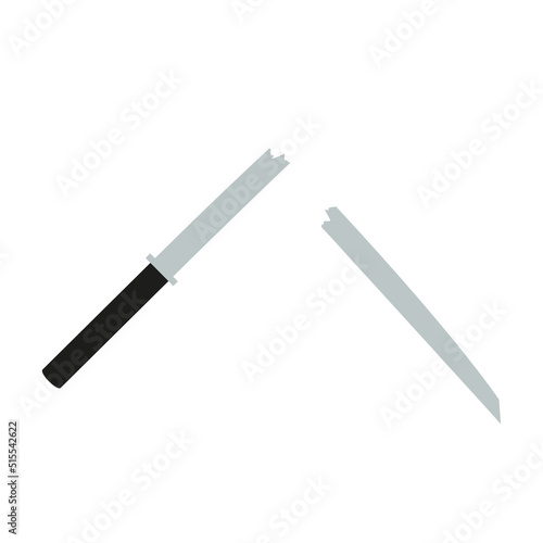Broken sword. Defeat, loss, victory. Samurai katana cut in half. Flat vector illustration isolated on white background.