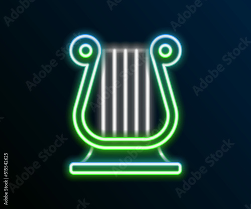 Glowing neon line Ancient Greek lyre icon isolated on black background. Classical music instrument, orhestra string acoustic element. Colorful outline concept. Vector