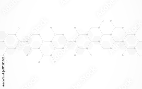 Hexagons pattern on gray background. Genetic research, molecular structure. Chemical engineering. Concept of innovation technology. Used for design healthcare, science and medicine background