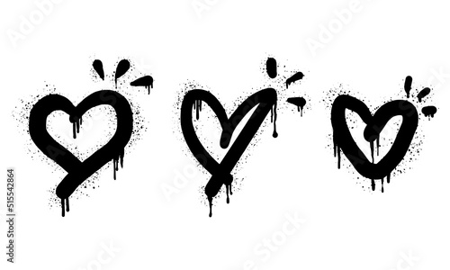 Set of Spray painted graffiti heart sign in black over white. Love heart drip symbol.  isolated on white background. vector illustration