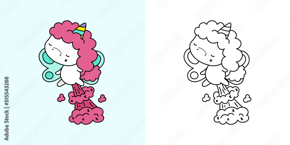 Set Clipart Unicorn Multicolored and Black and White Kawaii Clip Art ...