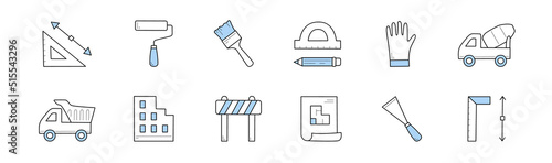 Construction and building doodle icons. Blueprint, paint roller and brush, concrete mixer car and truck, triangle ruler and protractor, pencil, striped road barrier vector signs