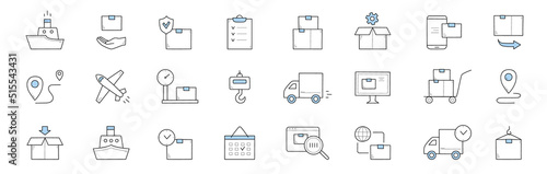 Delivery and shipping service doodle icons. Vector linear signs ship, hand with box, parcel, map pin, airplane, post scales, truck and hook. manual trolley, desktop, calendar and magnifying glass