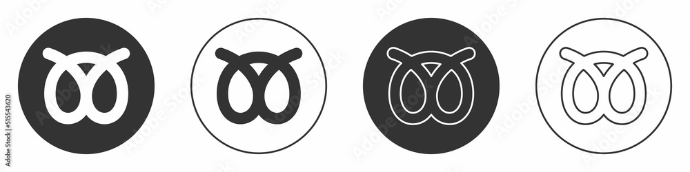 Black Pretzel icon isolated on white background. German comfort food pastry. Oktoberfest festival. Circle button. Vector