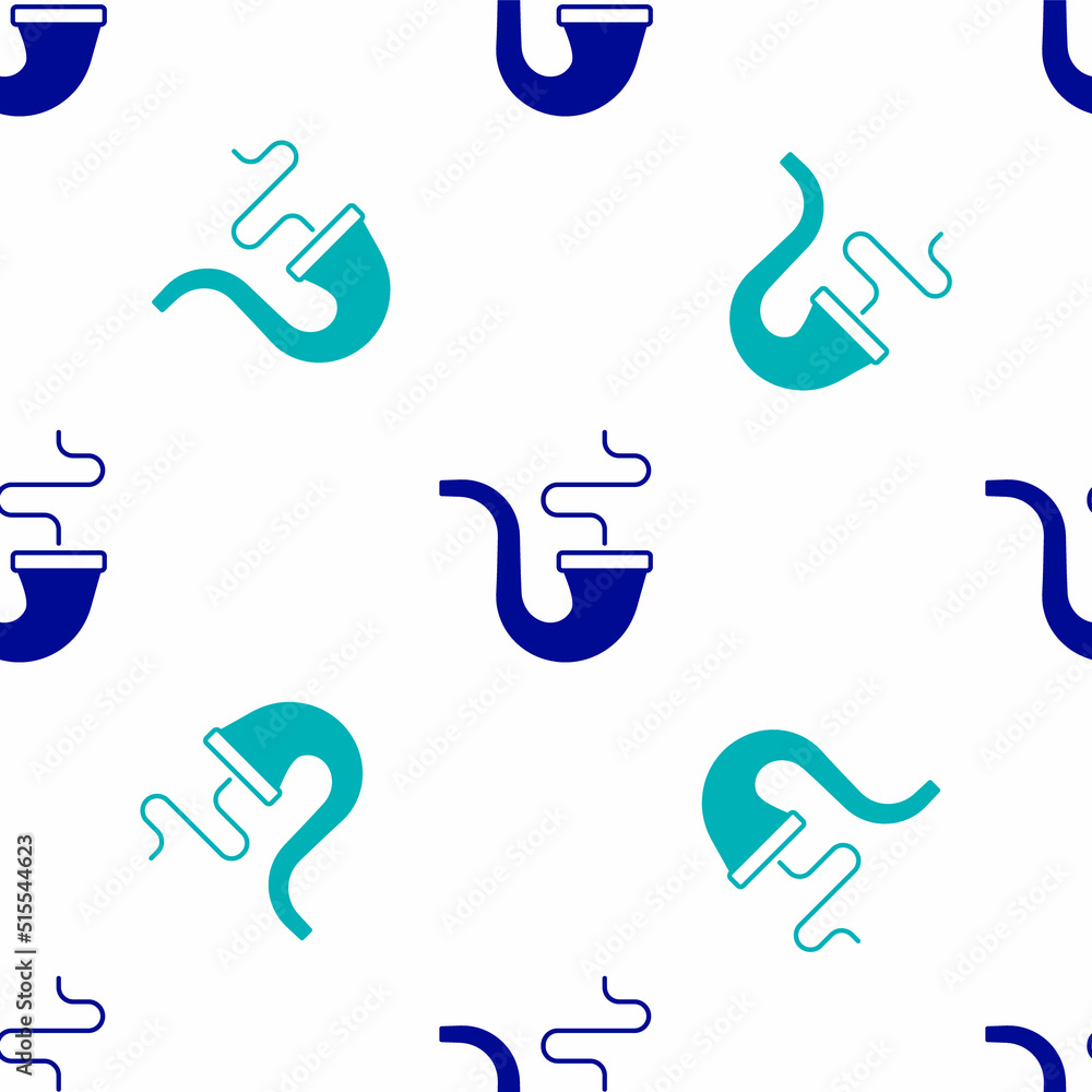 Fototapeta premium Blue Smoking pipe with smoke icon isolated seamless pattern on white background. Tobacco pipe. Vector