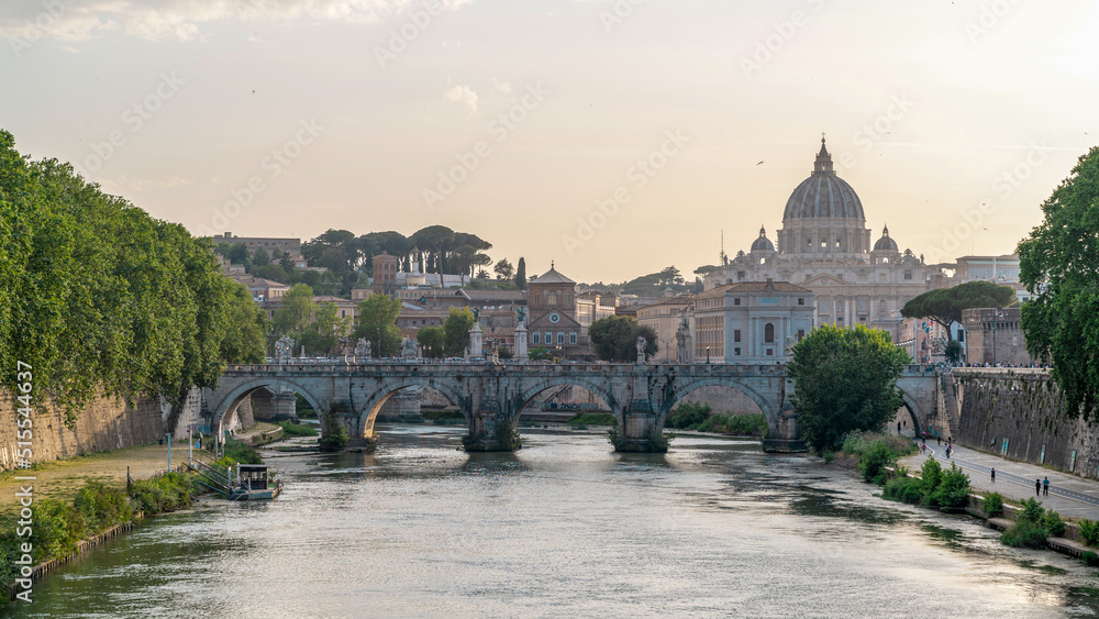 View of the Tiber River in the center of Rome, Italy