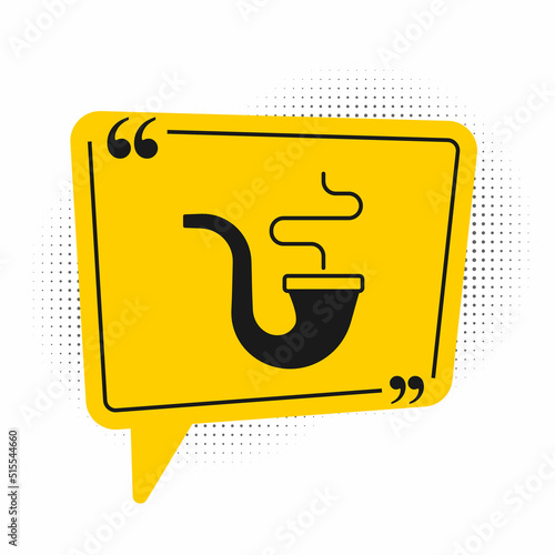 Black Smoking pipe with smoke icon isolated on white background. Tobacco pipe. Yellow speech bubble symbol. Vector