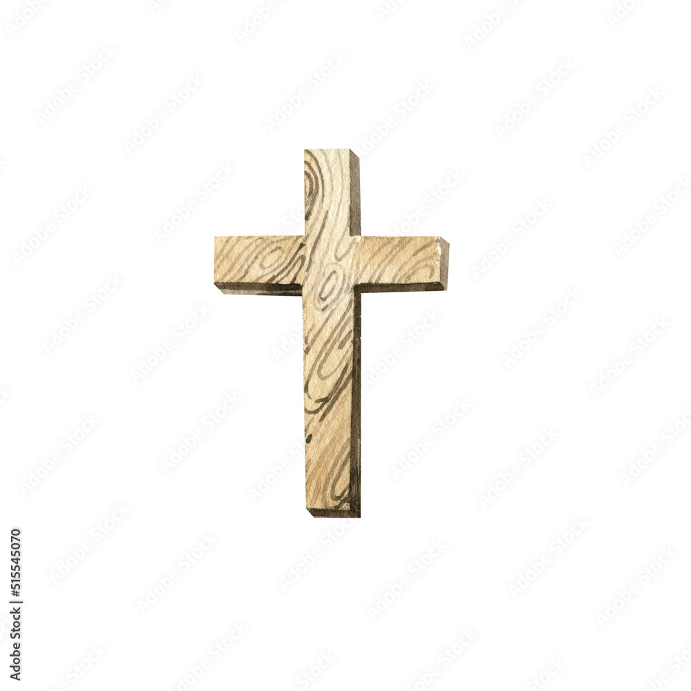 Watercolor wooden cross. Hand drawn religious element.