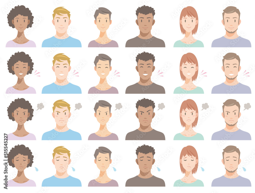 Various facial expressions of different races people. Smile, joy, anger, sadness. Flat vector illustration isolated on white background. Various facial expressions of different races people. Smile, joy, anger, sadness. Flat vector illustration isolated on white background.