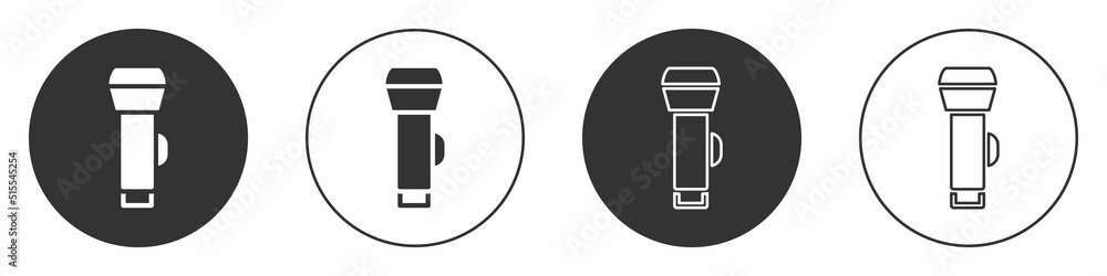 Black Flashlight icon isolated on white background. Circle button. Vector Black Flashlight icon isolated on white background. Circle button. Vector