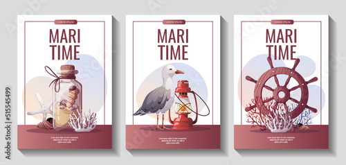 Set of flyers with Ship's steering wheel, seagull, sand bottle. Maritime, sea coast, marine life, nautical concept. Vector illustration.