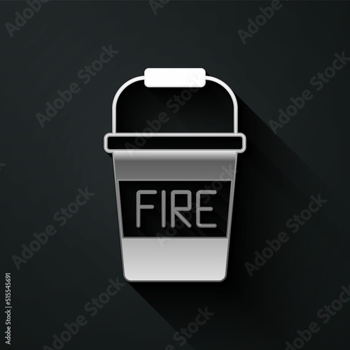 Silver Fire bucket icon isolated on black background. Metal bucket empty or with water for fire fighting. Long shadow style. Vector