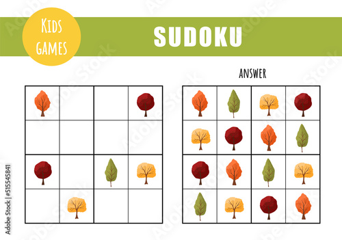Sudoku for kids. Children activity sheet. Puzzle game with autumn trees. Education and leisure concept. Vector illustration in flat cartoon style.