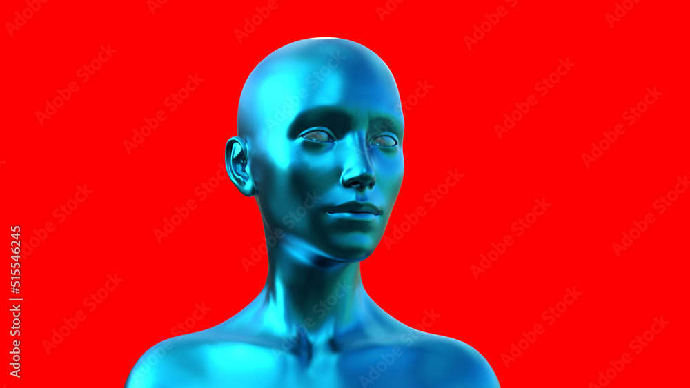 3d illustration. Portrait of a blue bald woman on a red background. 