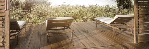 Scandinavian modern interior design wooden outdoor terrace with sun loungers. photo