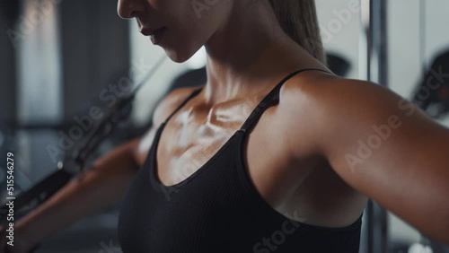 Sporty woman exercising on multistation at gym for arm and shoulders muscles. Fitness exercising in gym.