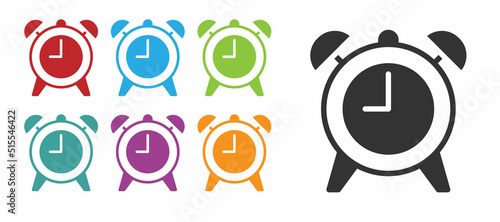 Black Alarm clock icon isolated on white background. Wake up, get up concept. Time sign. Set icons colorful. Vector
