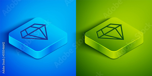 Isometric line Diamond icon isolated on blue and green background. Jewelry symbol. Gem stone. Square button. Vector