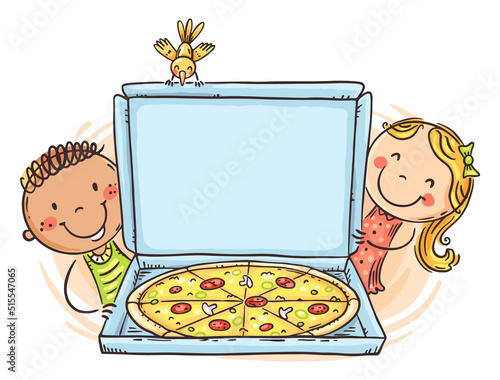 Doodle happy kids with pizza with a blank space for your text or image