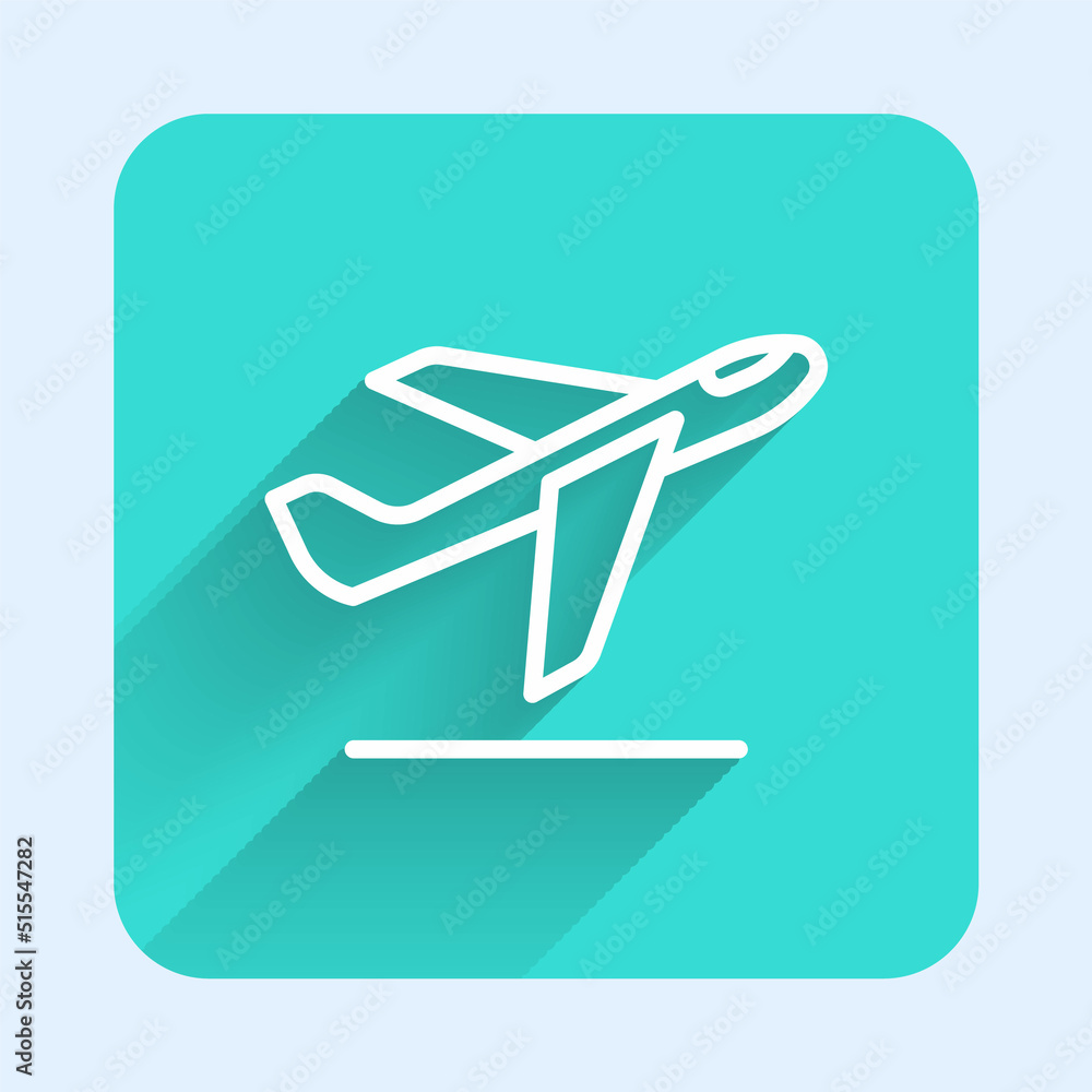 White line Plane takeoff icon isolated with long shadow background. Airplane transport symbol. Green square button. Vector White line Plane takeoff icon isolated with long shadow background. Airplane transport symbol. Green square button. Vector