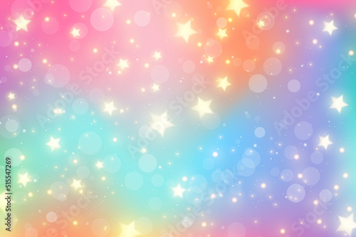Fantasy stars unicorn abstract background with stars. Purple rainbow sky with glitter. Pastel color candy wallpaper. Vector magic illustration.