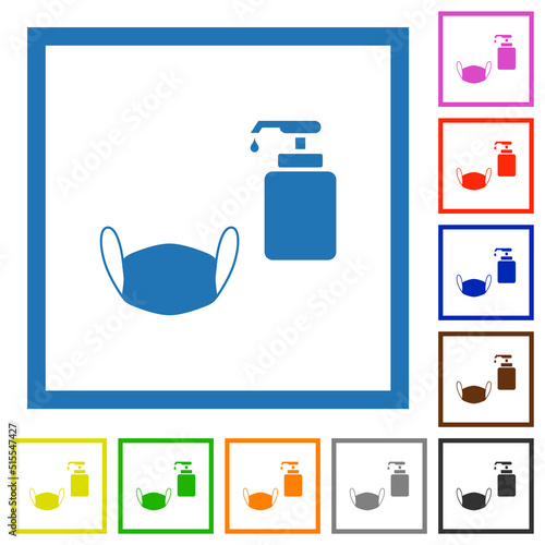 Medical face mask and liquid soap dark push buttons with color icons flat framed icons