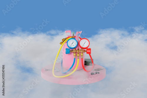 manometers and freon with tools in fog 3d photo