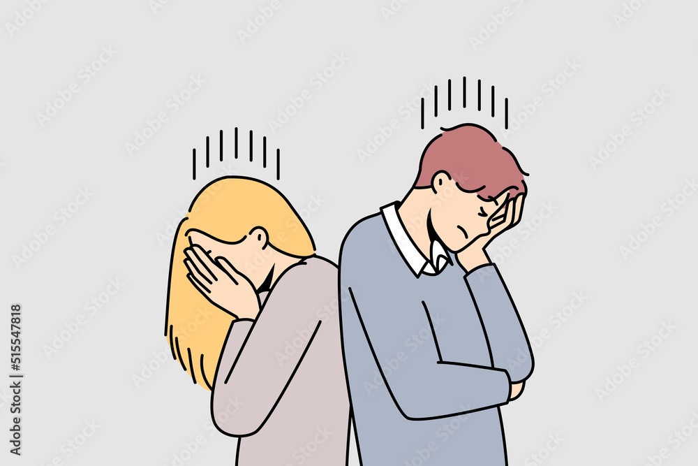 Unhappy couple ignore talking after fight or misunderstanding. Stubborn man and woman avoid communication after quarrel. Breakup and relationship problems. Unhappy couple ignore talking after fight or misunderstanding. Stubborn man and woman avoid communication after quarrel. Breakup and relationship problems.