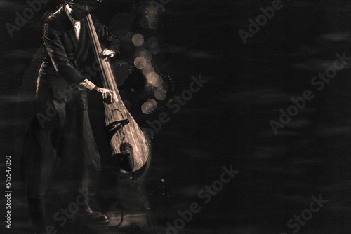 Aquarell eines Jazz-Bassisten auf einer schwarzen Papieroberfläche