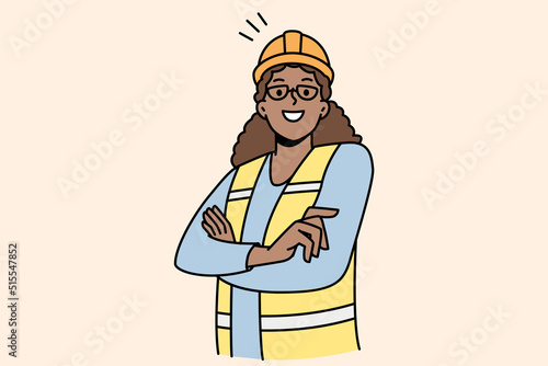 Happy African American female worker in uniform posing outdoors. Smiling biracial woman employee in helmet. Engineer occupation. Vector illustration. 