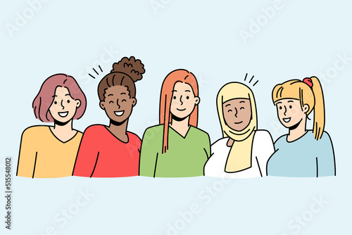 Portrait of multiethnic diverse girls posing together. Smiling interracial women show unity and friendship. Vector illustration. 