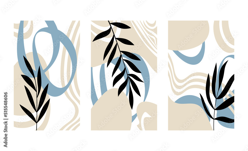Hand drawn vector set of modern floral posters. Abstract leaves, branches and shapes. Wallpaper, print, wall art, background, home decor, card, invitation, banner, cover or package design.