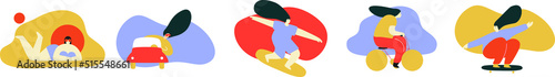 Characters people vector illustration. Woman on bike, car, surf, beach, skate. People performing spring, summer outdoor activities. Simple art