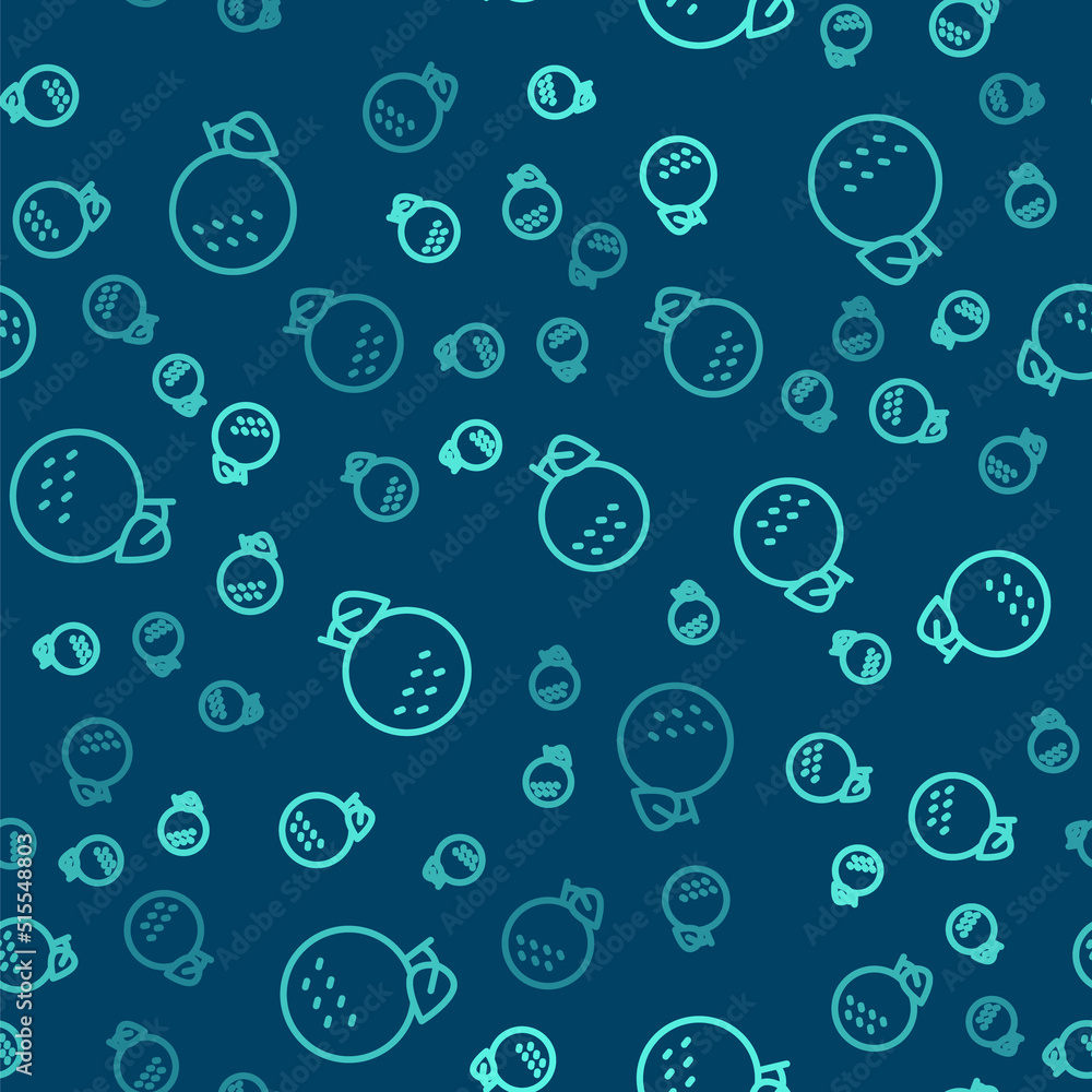 Green line Orange fruit icon isolated seamless pattern on blue background. Vector