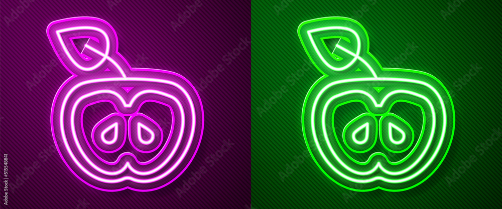 Glowing neon line Apple icon isolated on purple and green background. Excess weight. Healthy diet menu. Fitness diet apple. Vector Glowing neon line Apple icon isolated on purple and green background. Excess weight. Healthy diet menu. Fitness diet apple. Vector