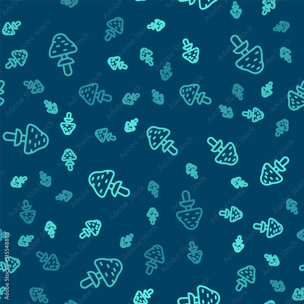 Green line Mushroom icon isolated seamless pattern on blue background. Vector Green line Mushroom icon isolated seamless pattern on blue background. Vector