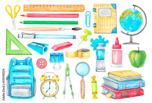 A set of bright, colorful school supplies isolated on a white background.. Watercolor illustration isolated on white background, hand-drawn.