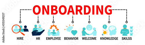 Onboarding Business Banner Web Concept with Hire Skilss Knowledge Employee HR Behavior icons